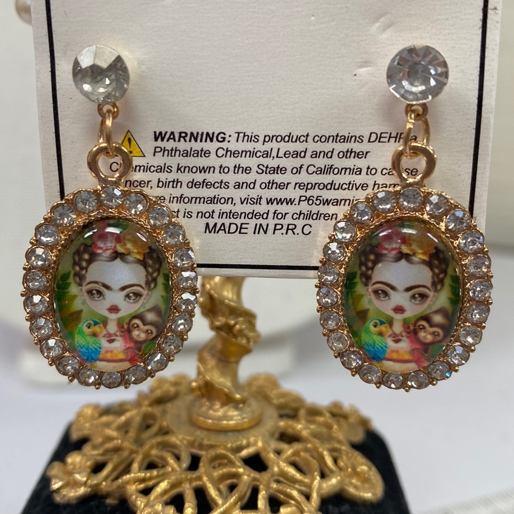 Frida Khalo drop style dangling earrings with rhinestones
